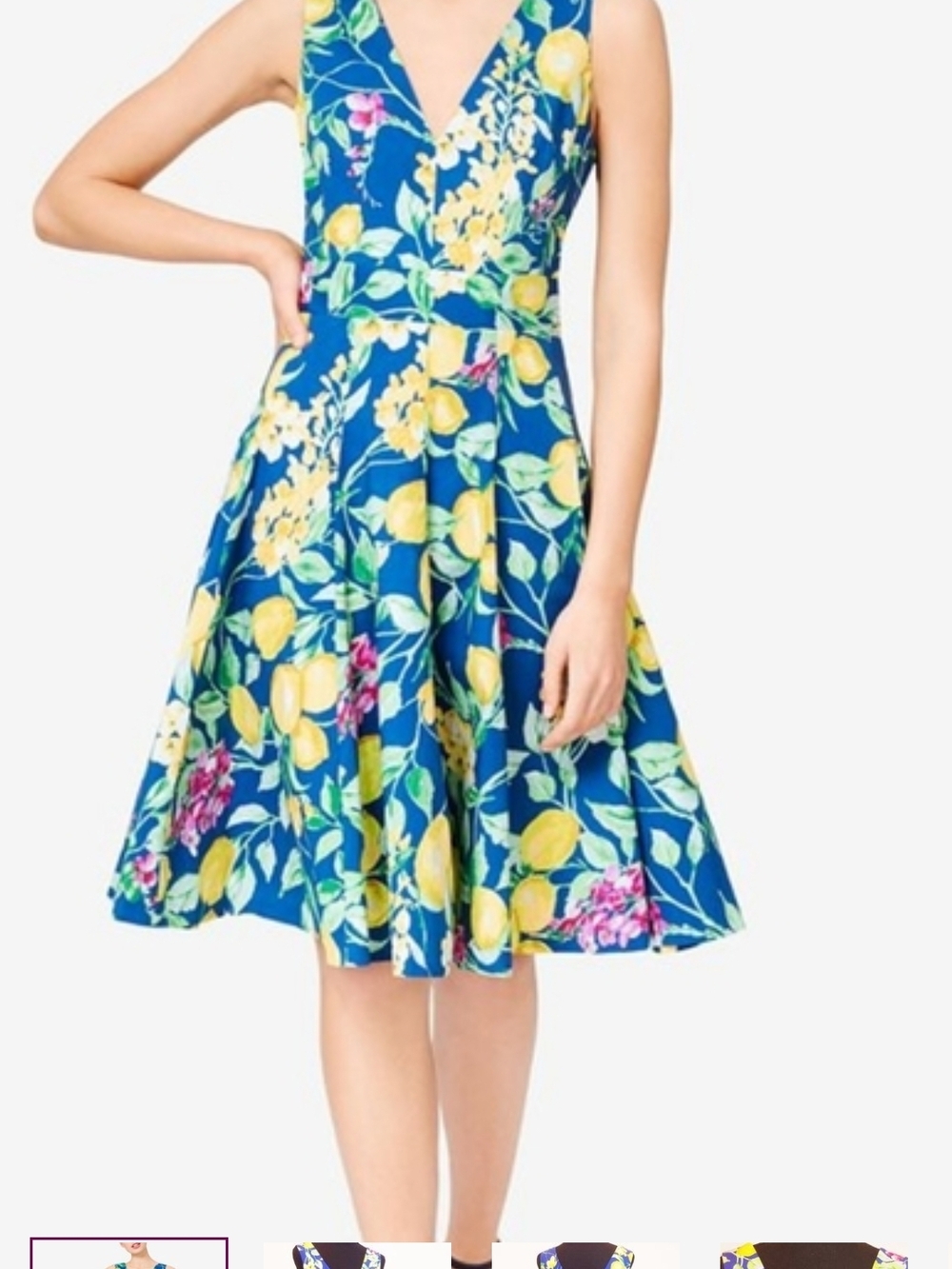 Betsey Johnson Blue Lemon Floral V-Neck Fit & Flare Midi Dress